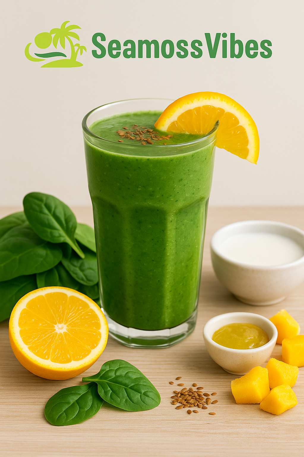 Green smoothie with orange slices, spinach, and mangoes on a wooden surface with 'SeamossVibes' branding.