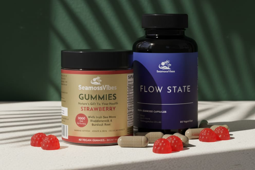 Two supplement bottles labeled 'Gummies' and 'Flow State' on a surface with a green leafy background.