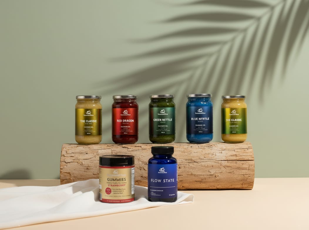 Collection of health and wellness products including jars and a bottle on a wooden block with a natural background.