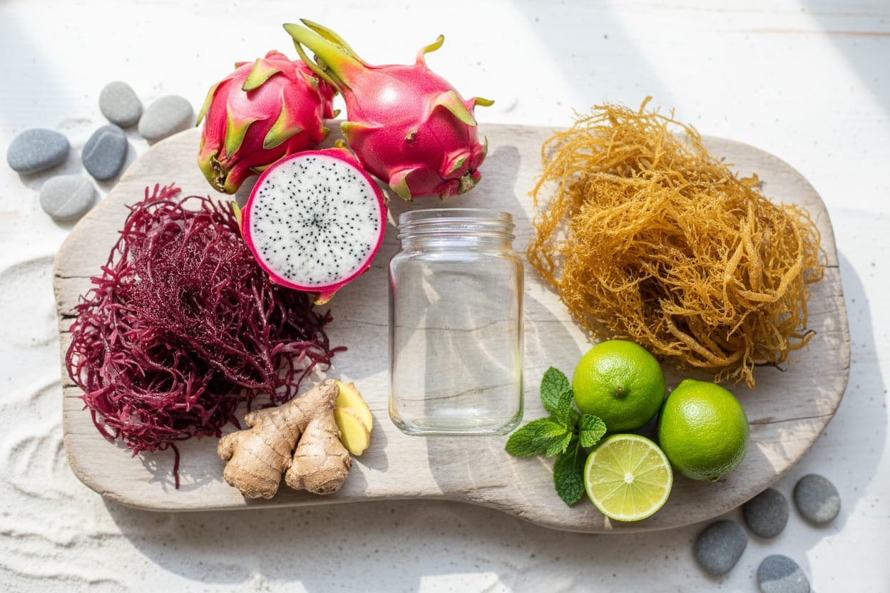 Raw sea moss, dragon fruit, ginger and limes on a coastal timber board