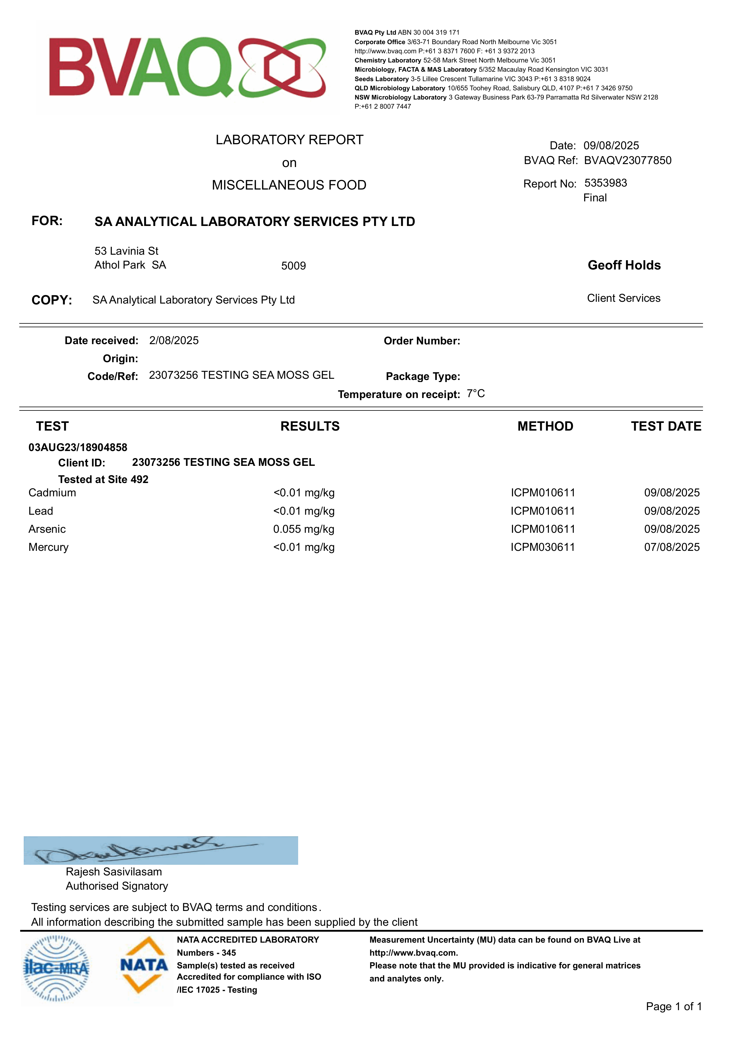 BVAQ NATA-accredited laboratory report showing heavy metal testing results for SeaMoss Vibes sea moss gel